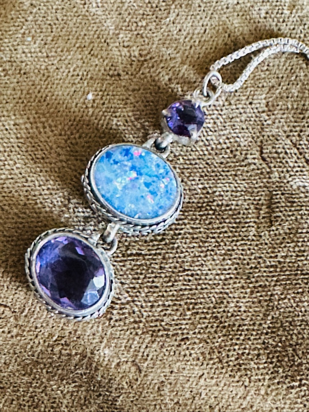 Round Amethyst Pendant & Opal Necklace